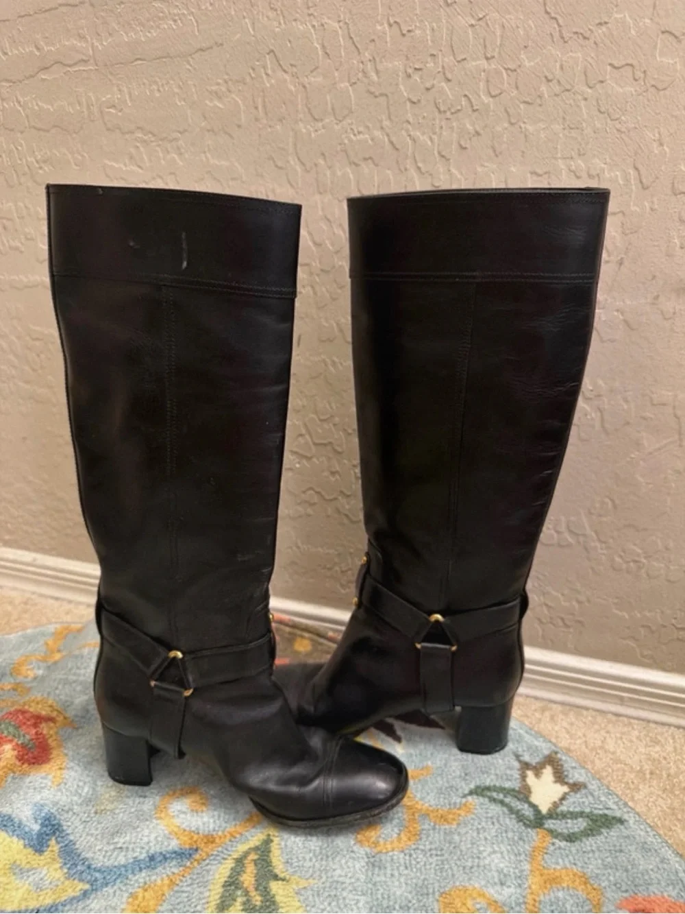Yves Saint Laurent Black Over-the-Knee Leather Boots with Gold Studs